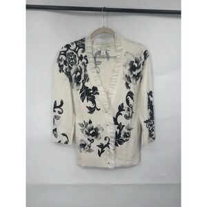 White House Black Market Ruffle Whimsigoth Dark Floral Button Sweater Women M